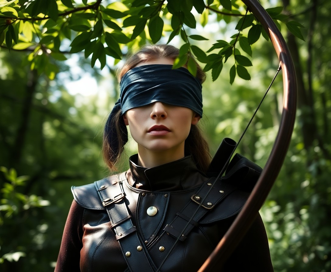 AI generated art for prompt: A serene portrait photograph captures a blindfolded archer in contemplative repose within a forest c