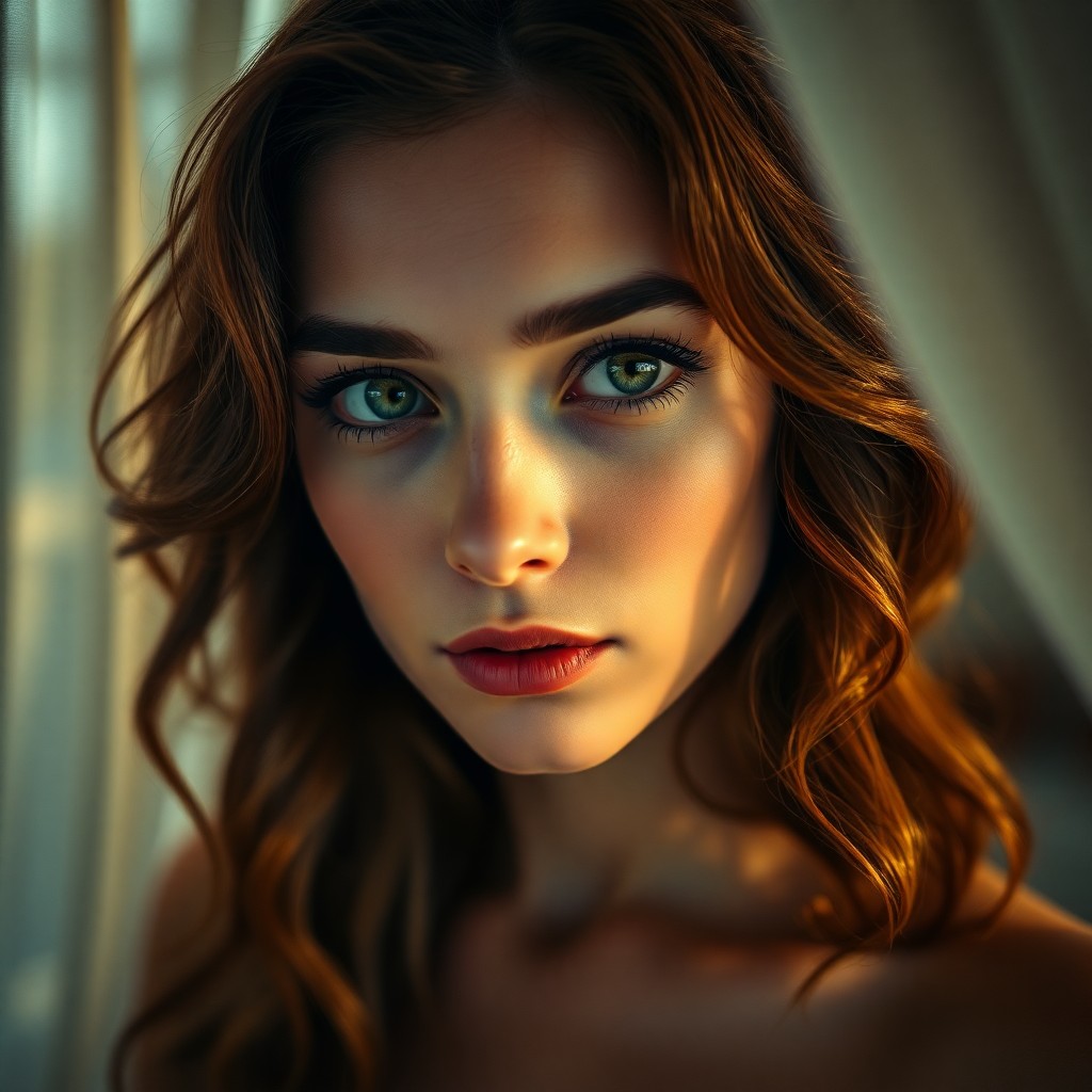 AI generated art for prompt: A close-up portrait reveals an enigmatic Southern European woman with captivating green eyes and a p