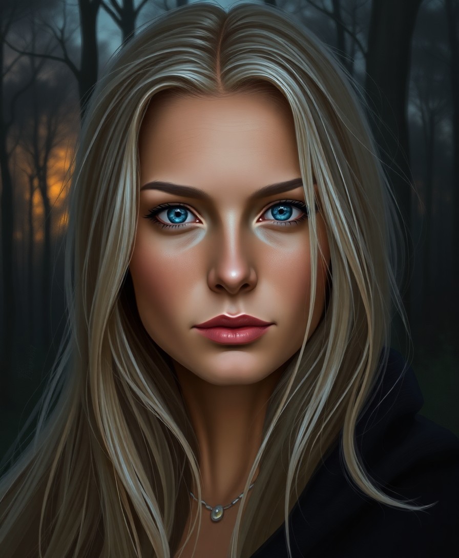 AI generated art for prompt: Craft a modern digital painting portrait of a Western European woman with striking blue eyes and lon