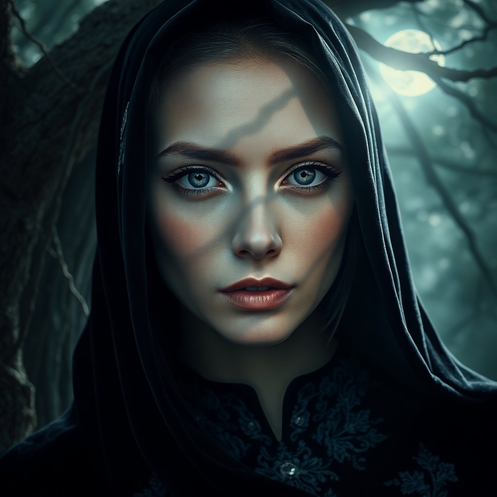 AI generated art for prompt: Envision a photorealistic portrait of an enigmatic woman cloaked in black velvet adorned with silver