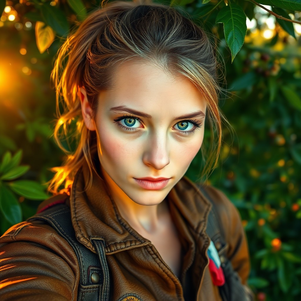 AI generated art for prompt: Visualize a hyperrealistic portrait of an intrepid adventurer with mesmerizing green eyes and salt-a