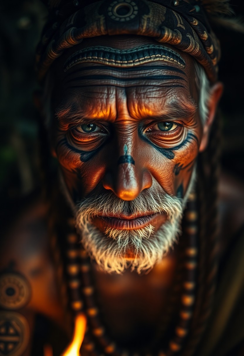 AI generated art for prompt: A highly detailed portrait photograph focuses on an experienced shaman from an indigenous tribe, the