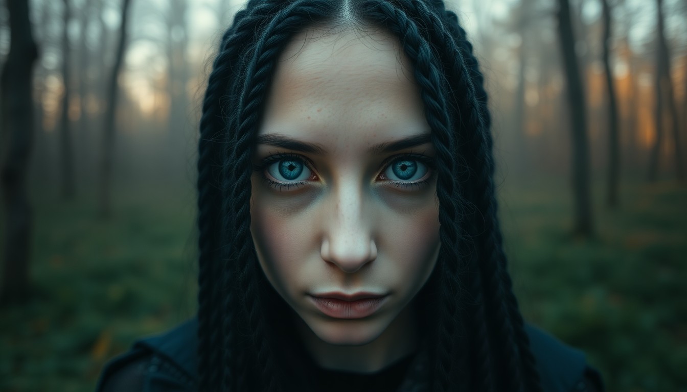 AI generated art for prompt: From a 'bug's-eye view', capture an enigmatic portrait of a female mystic with kind blue eyes and in