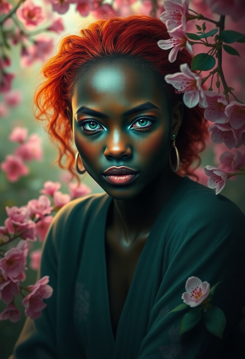 AI generated art for prompt: An enigmatic Sub-Saharan African woman with piercing emerald eyes and fiery red hair is portrayed in