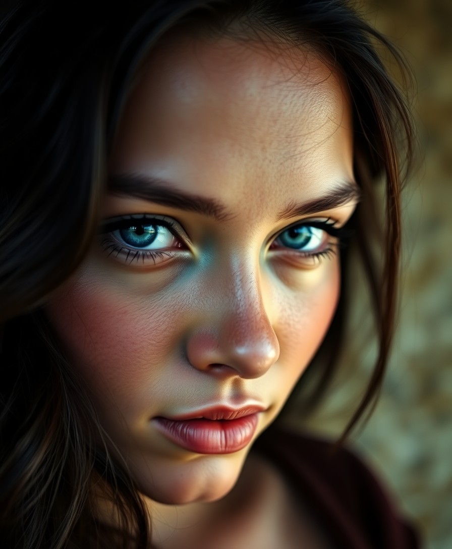 AI generated art for prompt: An intimate close-up portrait captures an enigmatic Andean woman with captivating blue eyes softly b