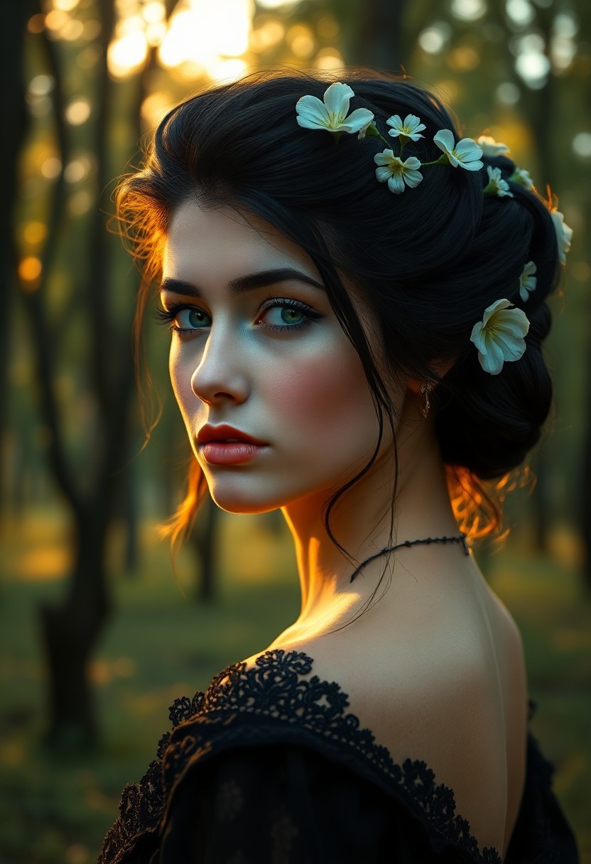 AI generated art for prompt: Create a photorealistic portrait of a young Western European woman with captivating emerald eyes and