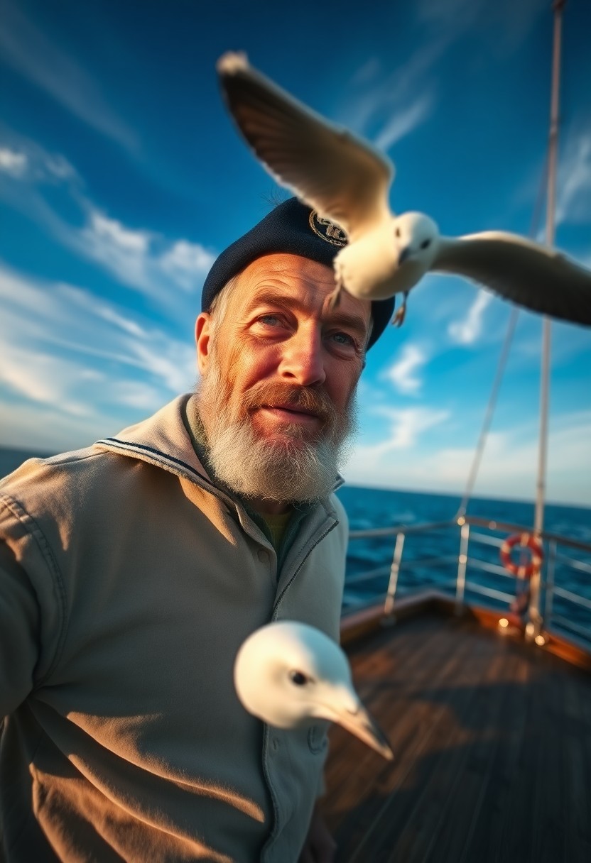 AI generated art for prompt: Photograph a weathered sailor with his rugged visage, warm blue eyes exuding wisdom and a hint of me