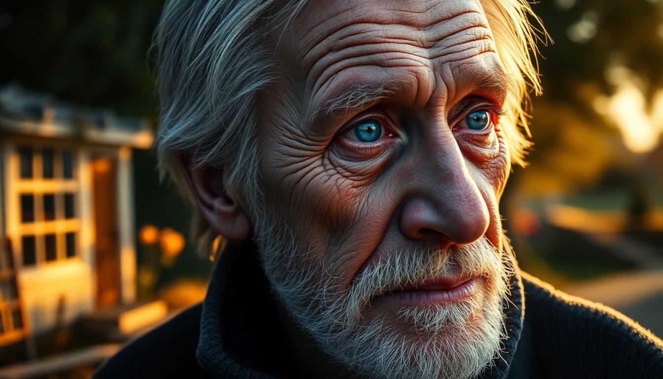 AI generated art for prompt: Craft a photorealistic portrait of an elderly Nordic man with weathered features and striking blue e