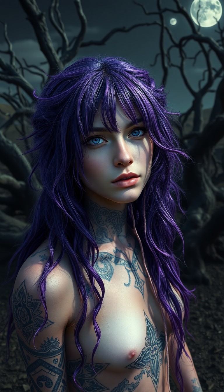 AI generated art for prompt: Capture a photorealistic portrait of an enigmatic person with fair skin and vibrant purple hair casc