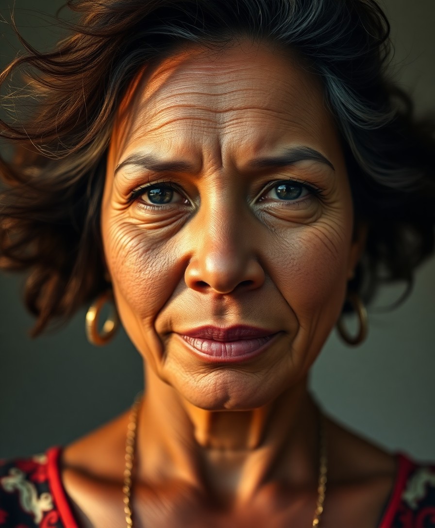 AI generated art for prompt: Craft an ultra-realistic portrait of a middle-aged Pacific Islander woman with a wind-swept face exu