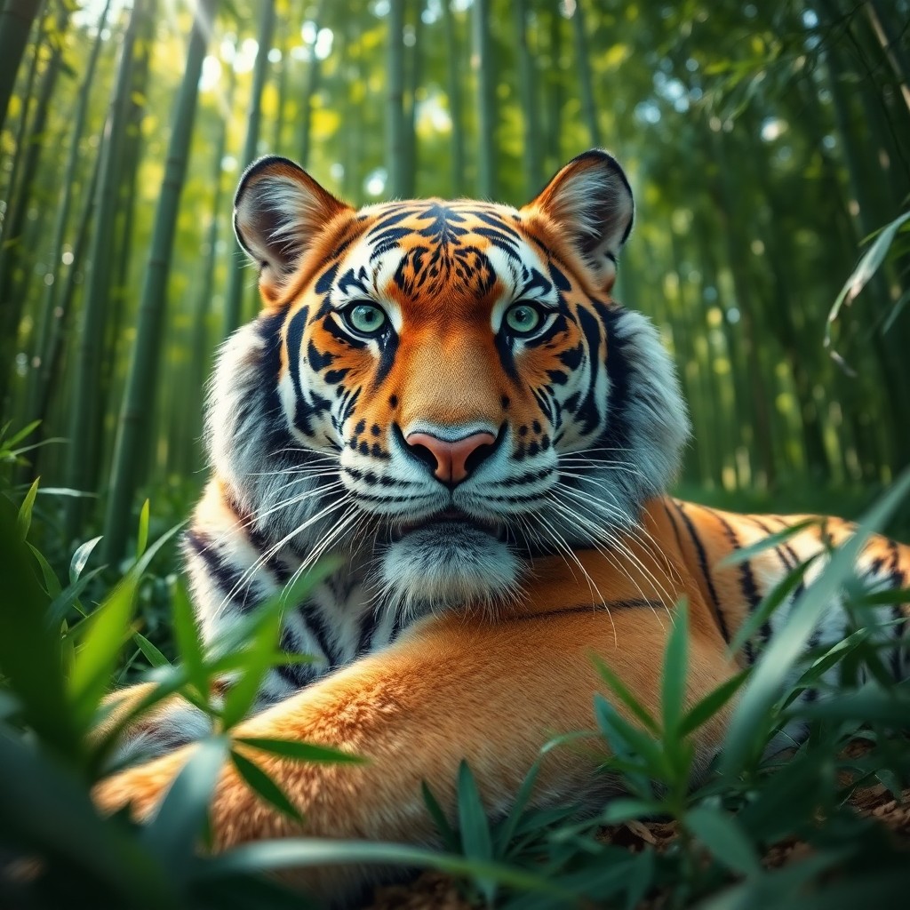 AI generated art for prompt: Envision a hyper-realistic portrait of an enigmatic Siberian tiger, its majestic form lounging grace