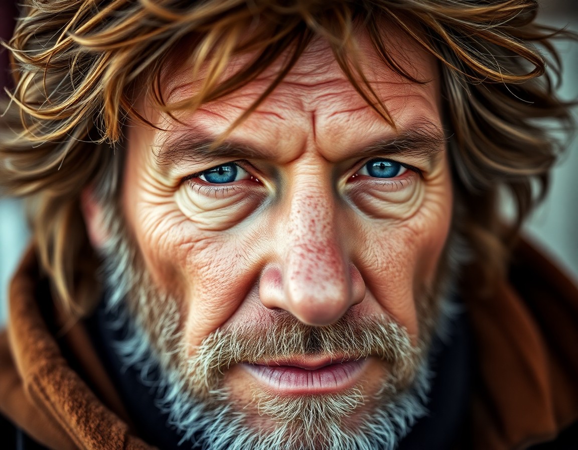 AI generated art for prompt: A close-up portrait photograph captures a seasoned sea captain's rugged features and wistful blue ey