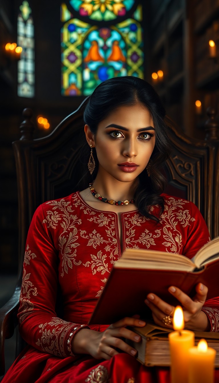 AI generated art for prompt: A portrait photograph showcases a South Asian woman of thirty-something years with tender green eyes