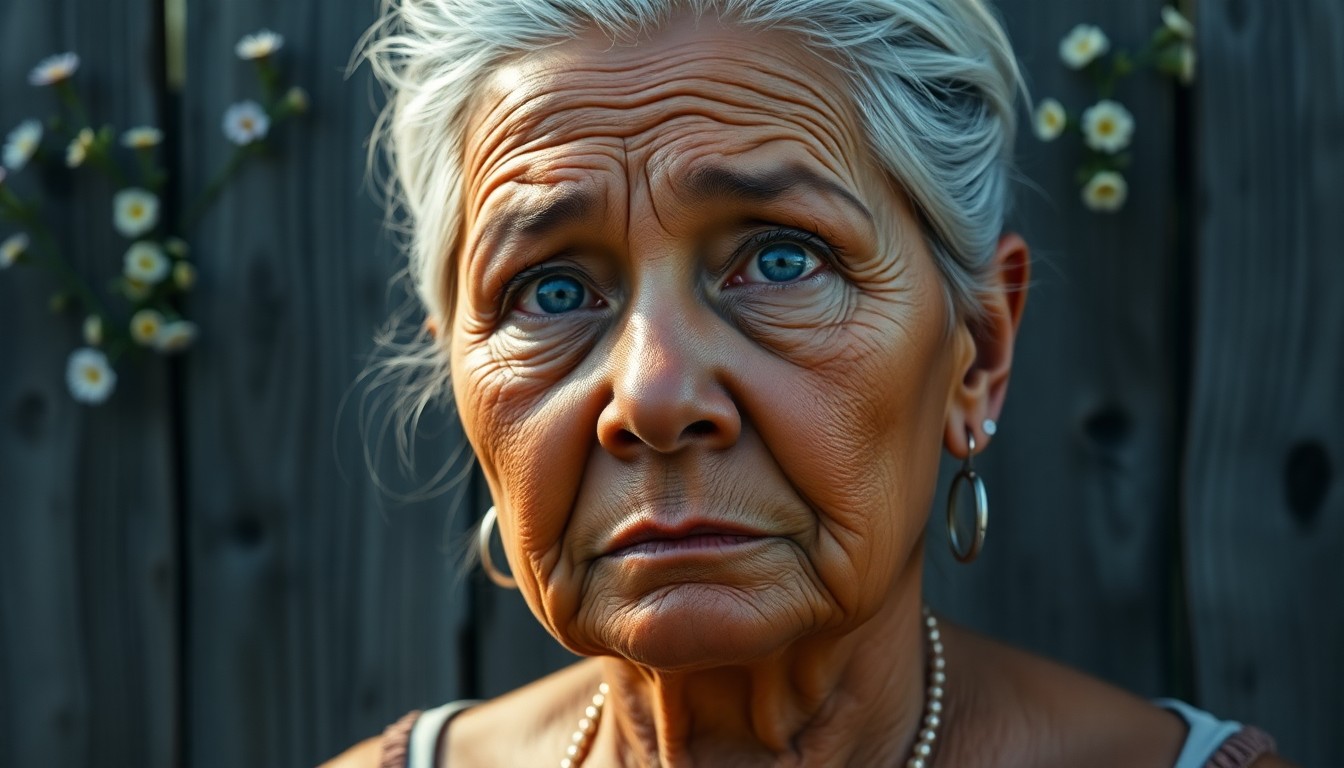 AI generated art for prompt: A hyperrealistic portrait showcases a middle-aged Polynesian woman with deep wrinkles, unfocused blu