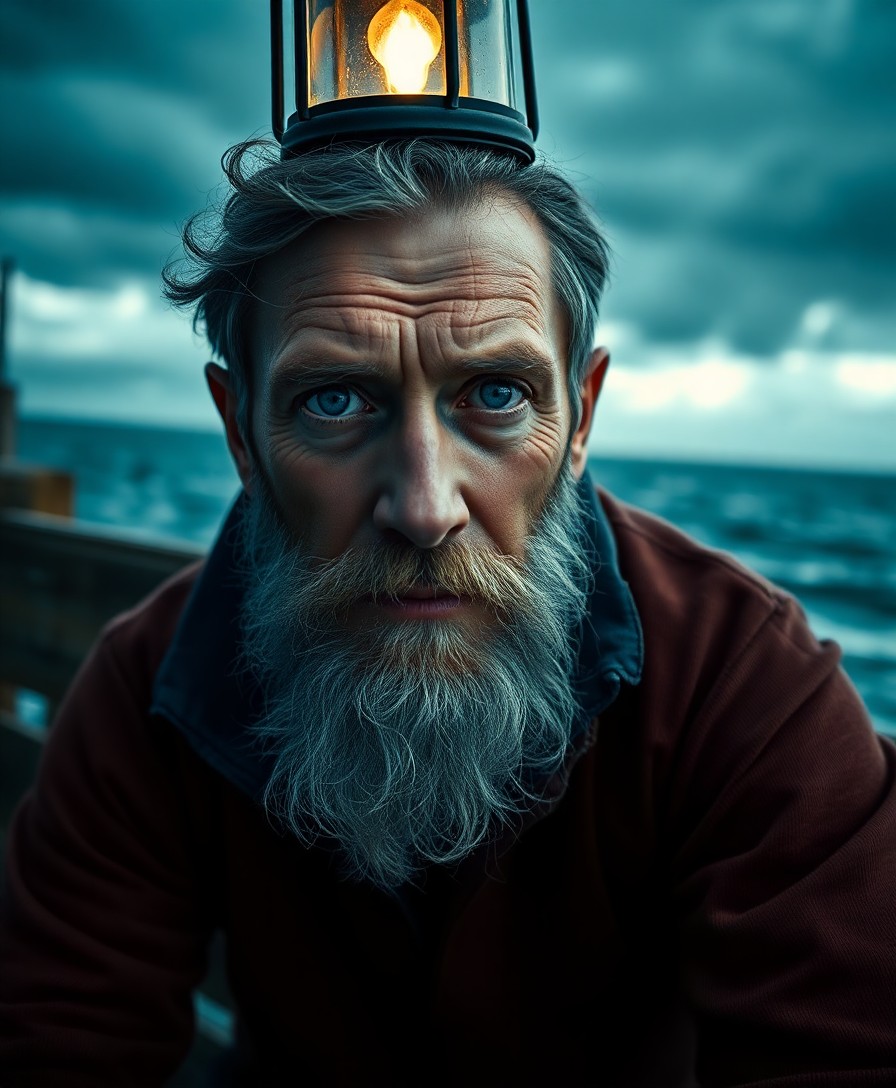 AI generated art for prompt: Envision a smartphone portrait of an introspective sailor with dreamy blue eyes, rugged features, an