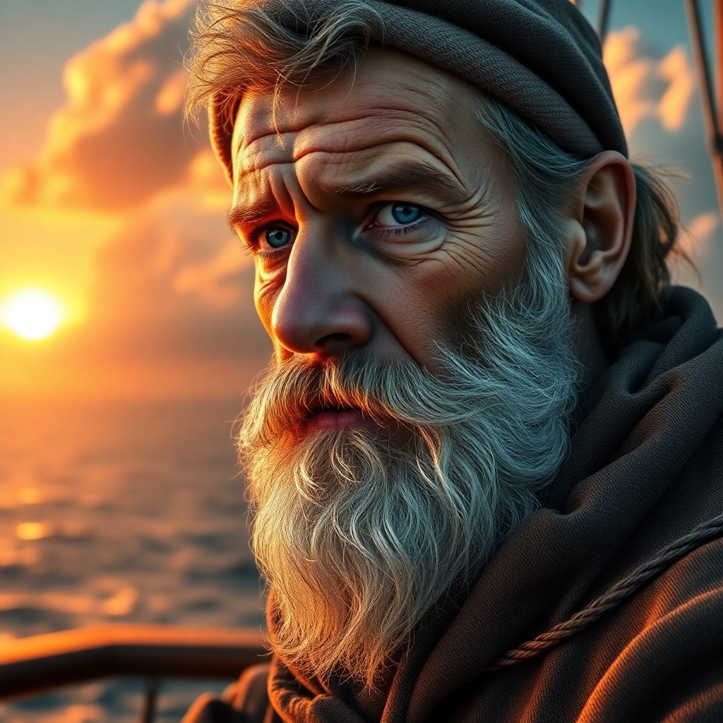 AI generated art for prompt: Craft a hyperrealistic portrait of an old-school sailor with a grizzled beard and clouded blue eyes,