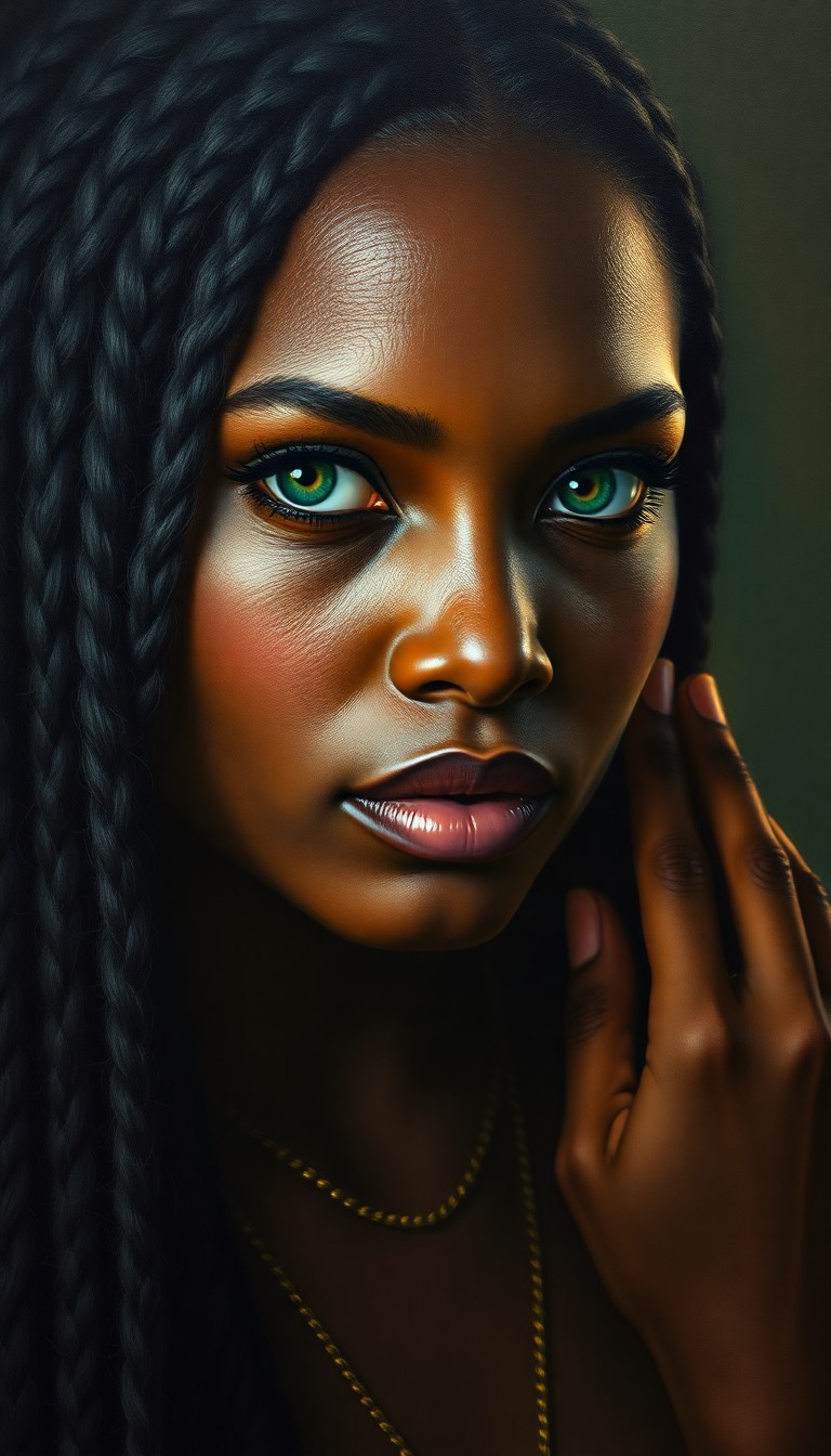 AI generated art for prompt: Craft a hyper-realistic oil painting portrait, showcasing an enigmatic African woman with long raven