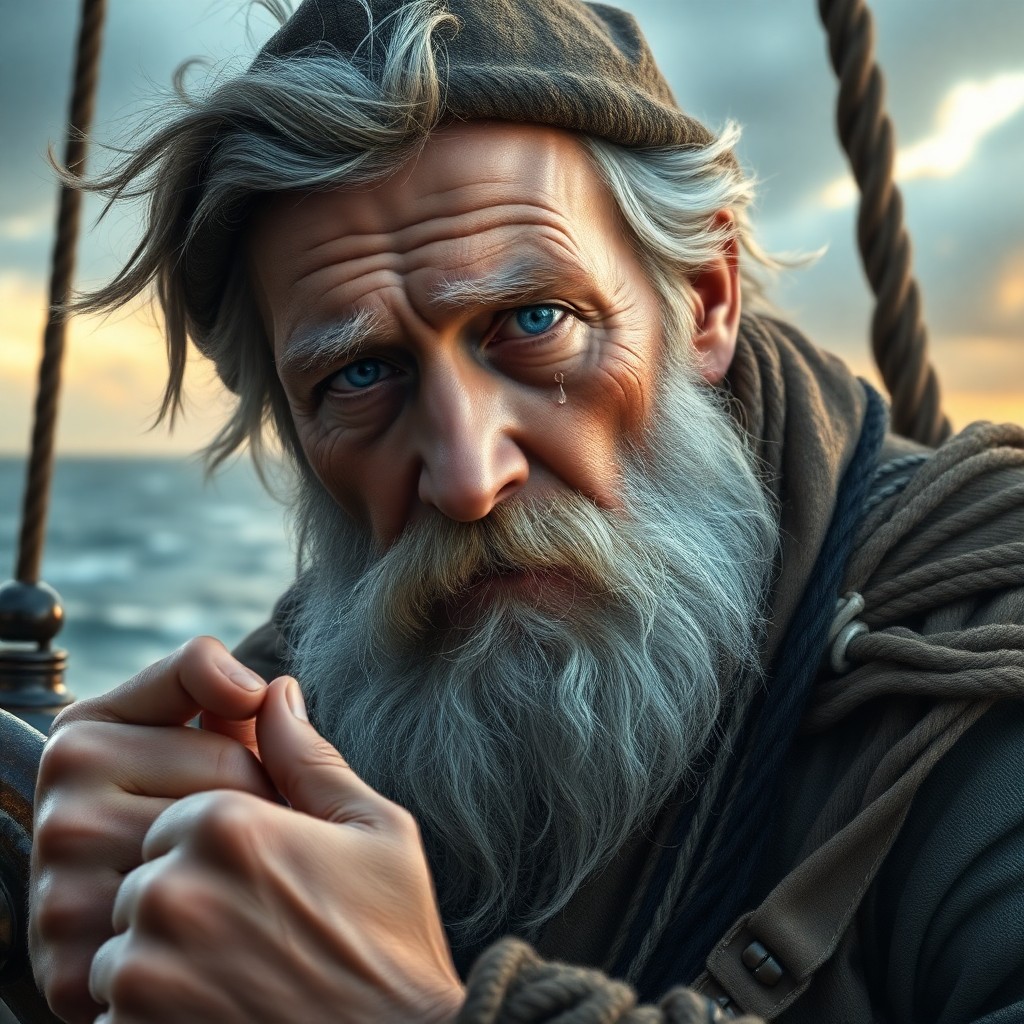 AI generated art for prompt: Craft a hyperrealistic portrait of an aged sea captain, his features weathered by wind and salt. Wit