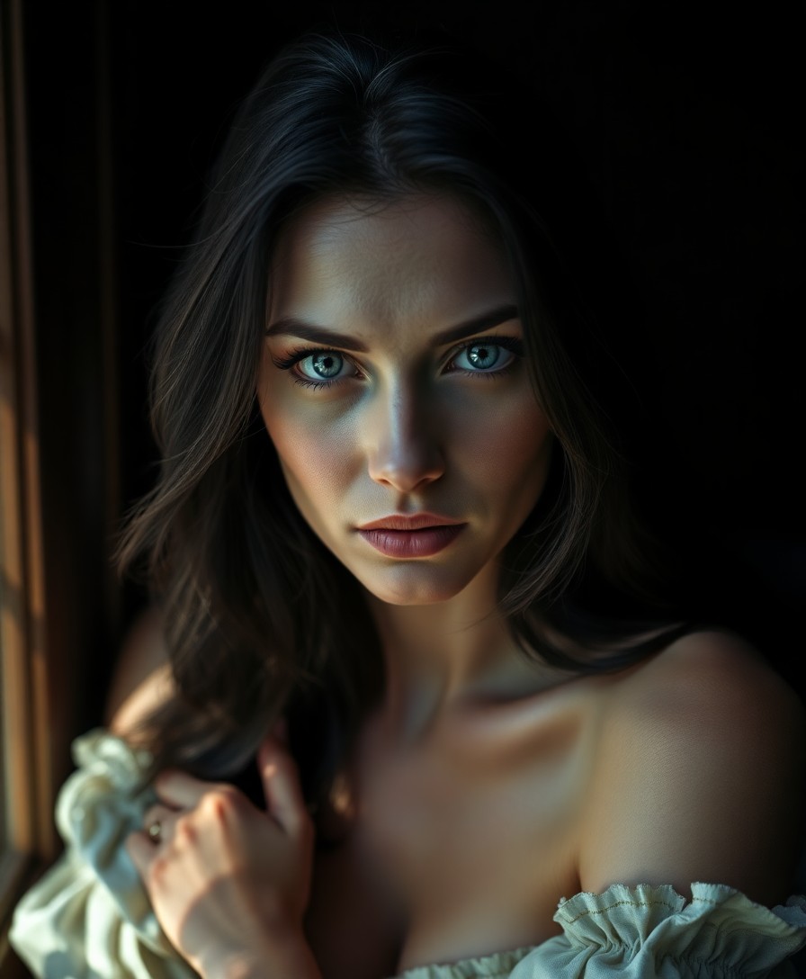 AI generated art for prompt: Craft a photorealistic portrait photograph emulating chiaroscuro painting style, featuring an enigma