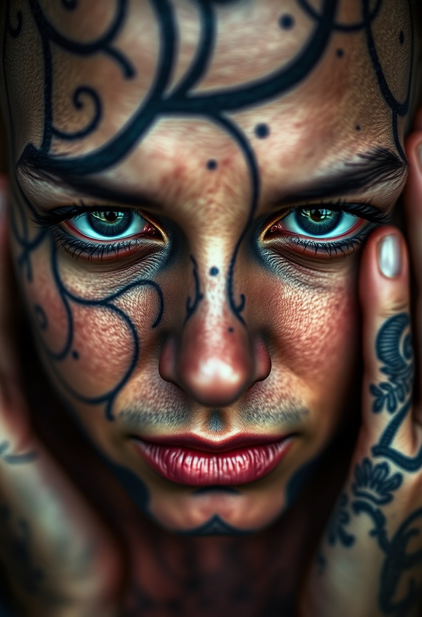 AI generated art for prompt: Craft a super-realistic portrait showcasing intricate tattoos covering a person's face, capturing bo