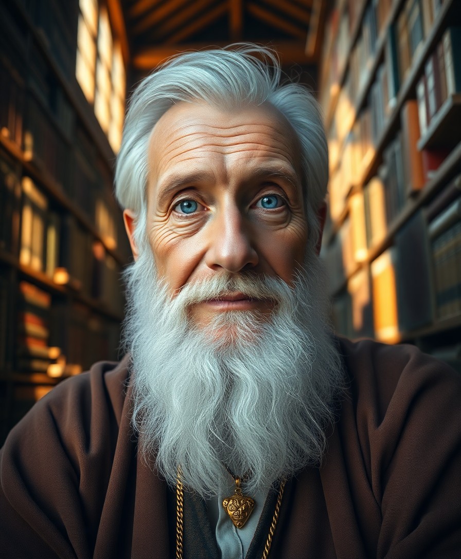 AI generated art for prompt: A photorealistic portrait depicts an aged sage with calm blue eyes and a neatly trimmed white beard,