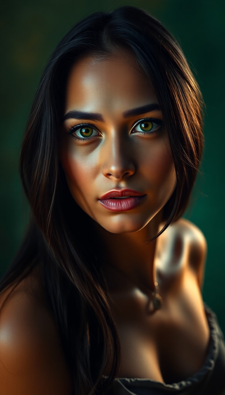 AI generated art for prompt: Imagine a photorealistic portrait of an enigmatic Latin American woman with deep emerald eyes and ra