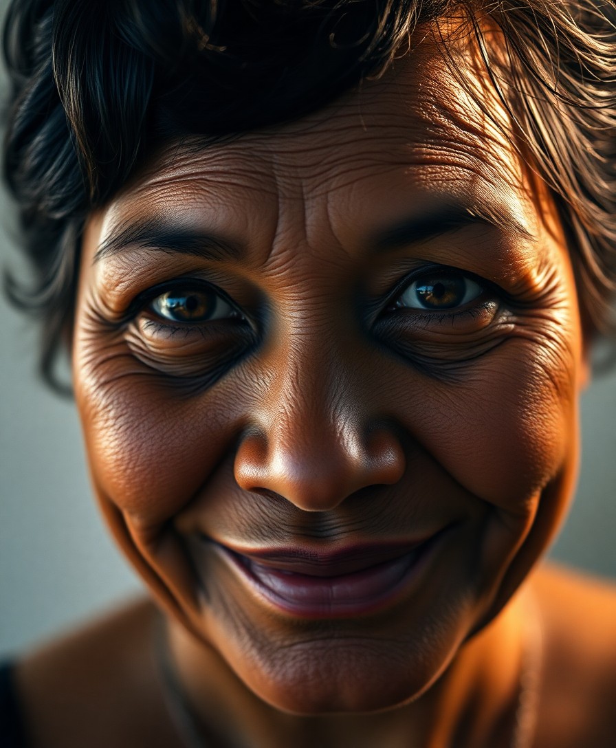 AI generated art for prompt: A portrait photograph reveals a middle-aged Micronesian woman with deep brown eyes, framed by short 