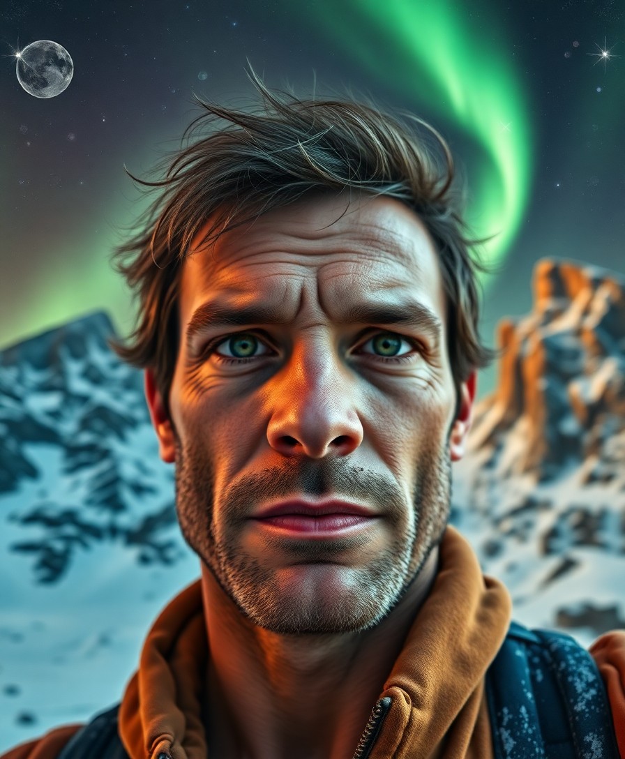 AI generated art for prompt: A photorealistic portrait photograph captures a rugged adventurer from an unusual 'worm's-eye view'.