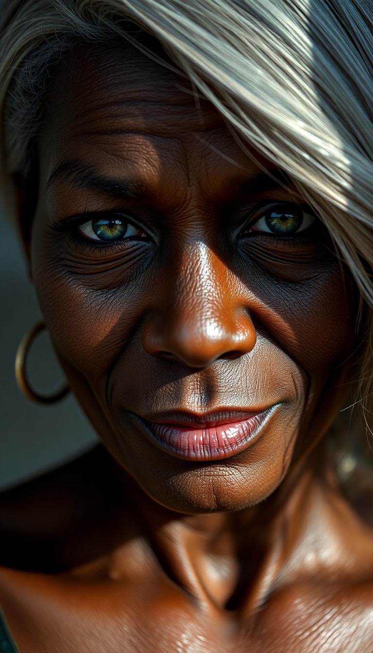 AI generated art for prompt: A photorealistic portrait photograph showcases an African woman's intense gaze and kind green eyes, 