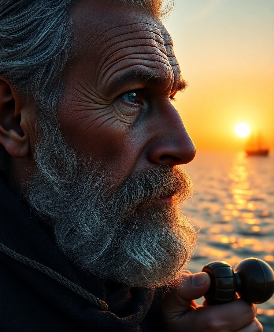 AI generated art for prompt: An ultrarealistic portrait from above reveals a historic sea captain's intricate features and deep l