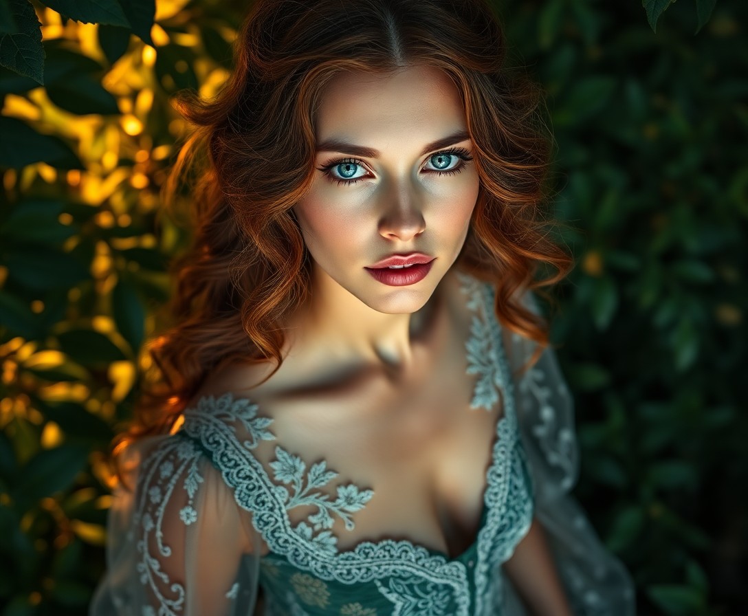 AI generated art for prompt: Create a photorealistic portrait of an Amazonian woman with wavy chestnut hair and hazy blue eyes, s