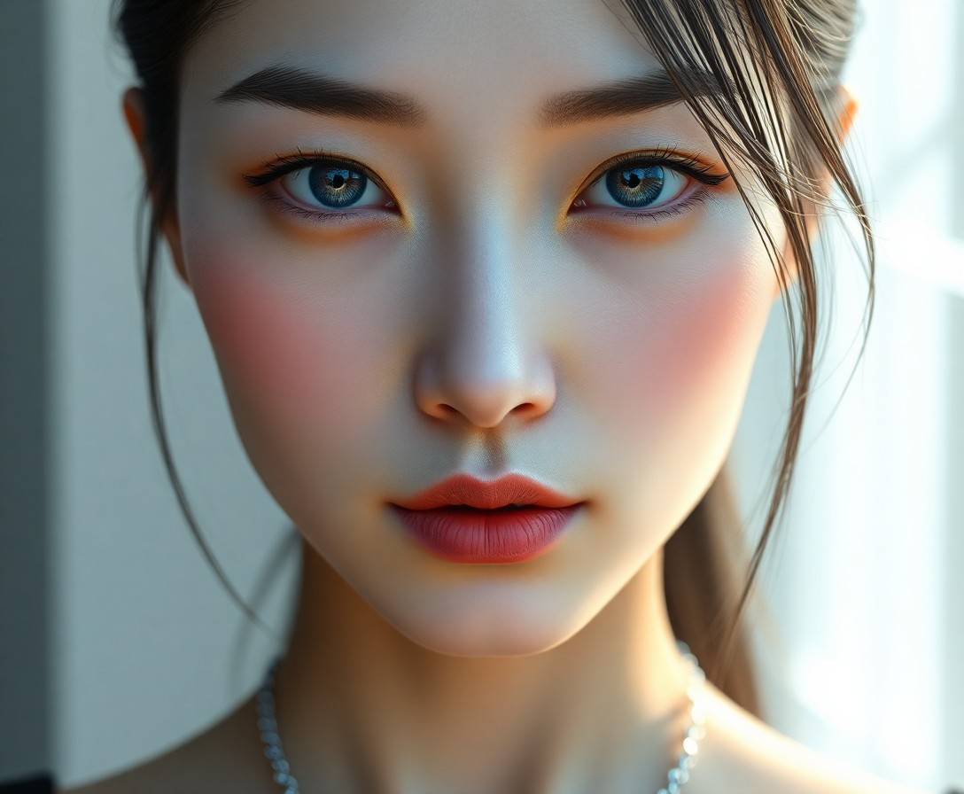 AI generated art for prompt: Craft an ultra-realistic digital portrait of an enigmatic East Asian woman with shy blue eyes accent