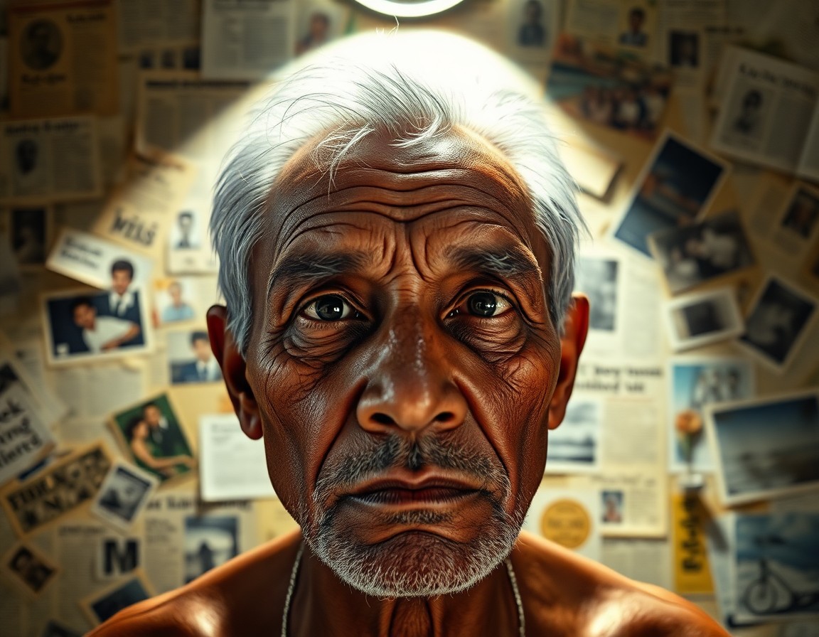 AI generated art for prompt: A photorealistic portrait of a middle-aged Melanesian man with distinctive features and a pensive ex