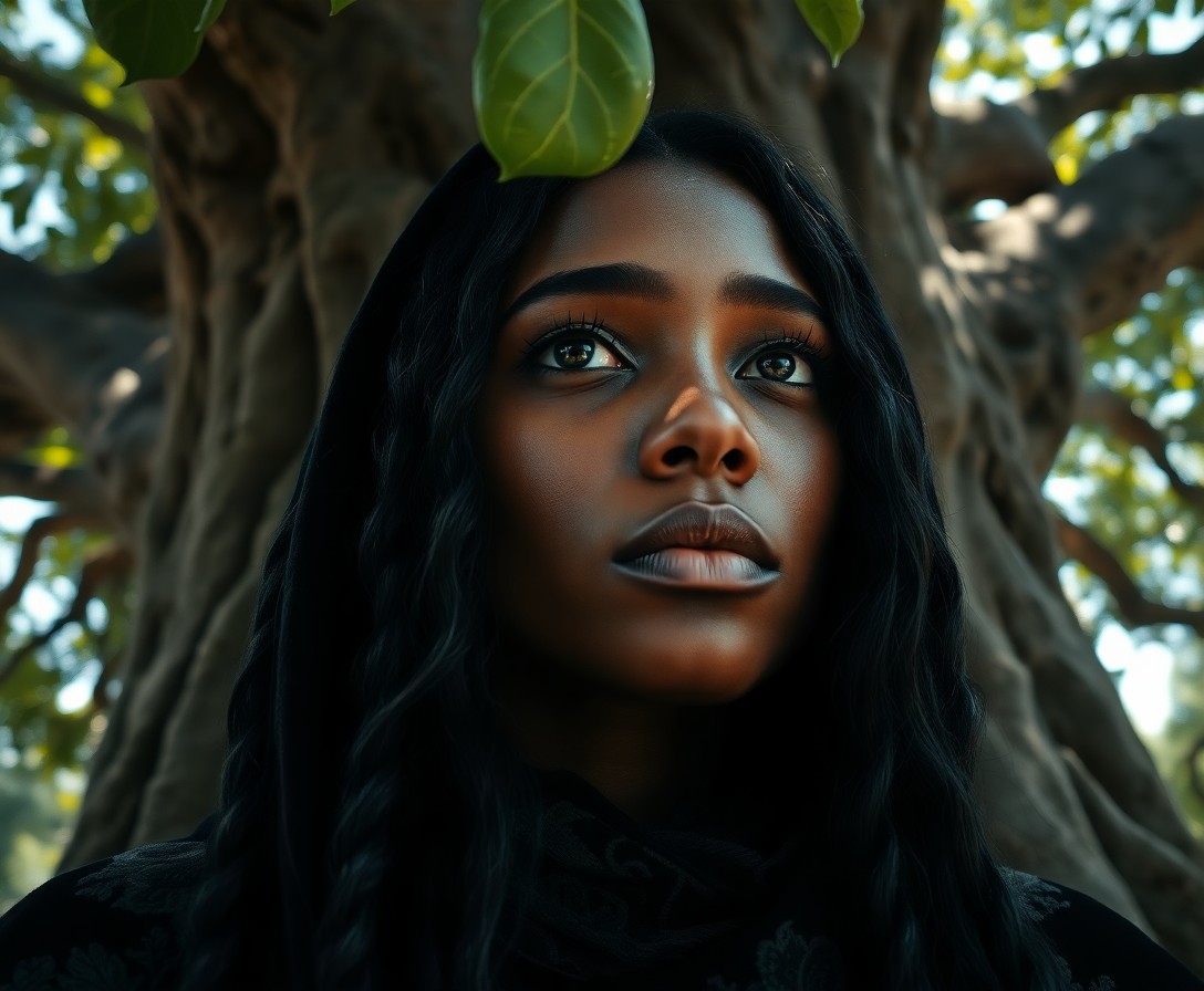 AI generated art for prompt: A close-up portrait captures a melancholic Caribbean woman with an air of enigma. Her shy green eyes