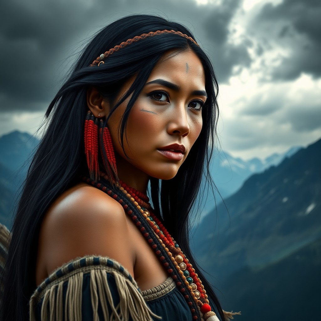 AI generated art for prompt: Craft a photorealistic portrait of a Native American Southern European woman with long, sleek jet-bl