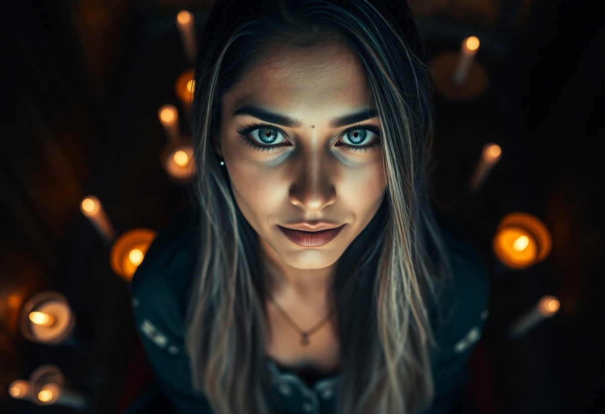 AI generated art for prompt: A captivating portrait photograph showcases an enigmatic South Asian woman with tender blue eyes and