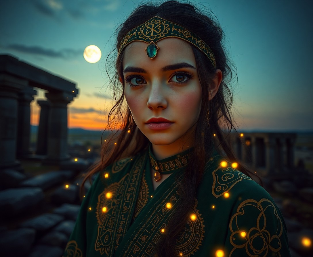 AI generated art for prompt: An enchanting 'bug's-eye view' portrait captures a mystic healer, her deep emerald robes adorned wit