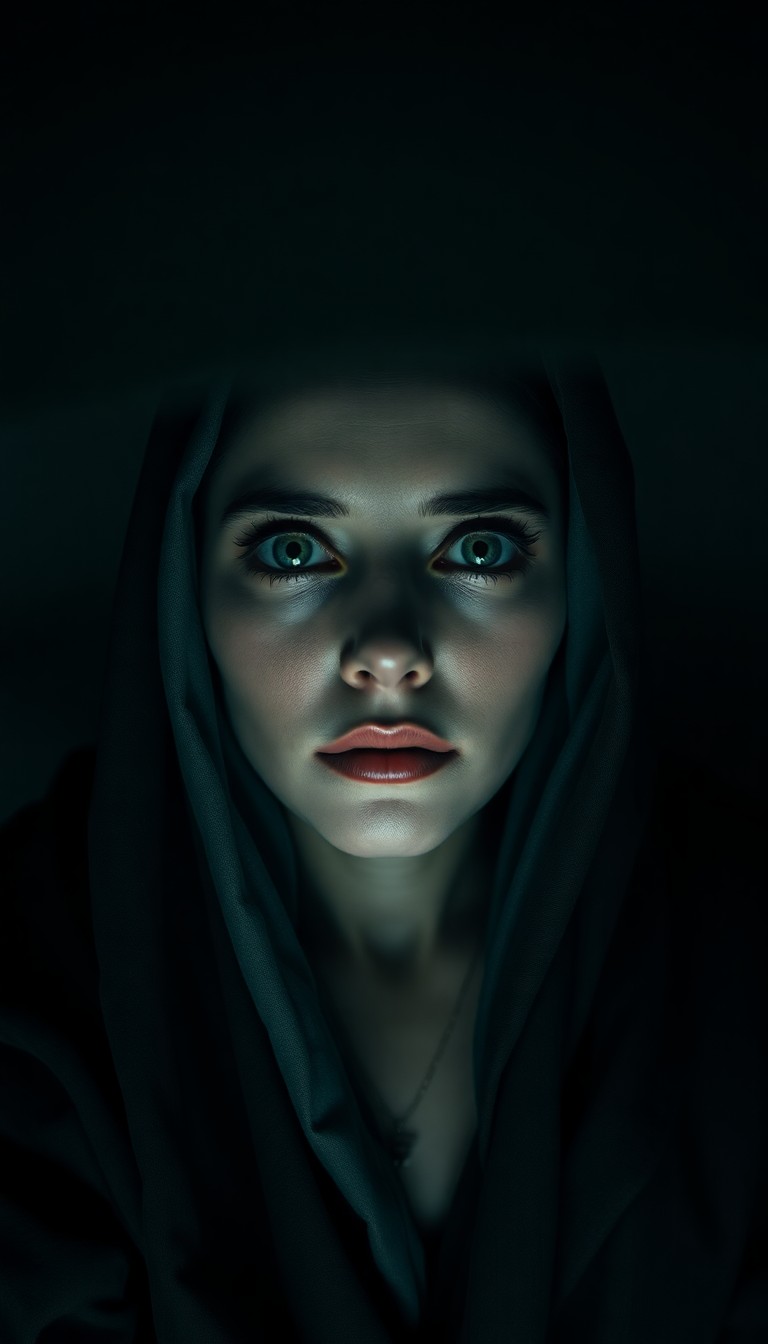 AI generated art for prompt: In a chiaroscuro-style portrait, a mysterious Middle Eastern woman with porcelain skin and soft gree