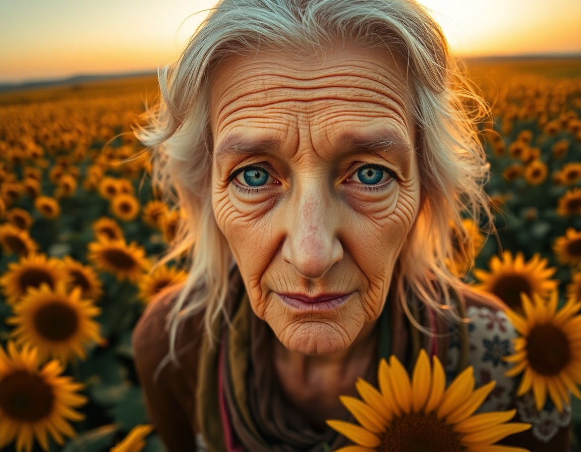 AI generated art for prompt: From a 'bug's-eye view', capture an elderly North African woman with hazy blue eyes and silver hair 