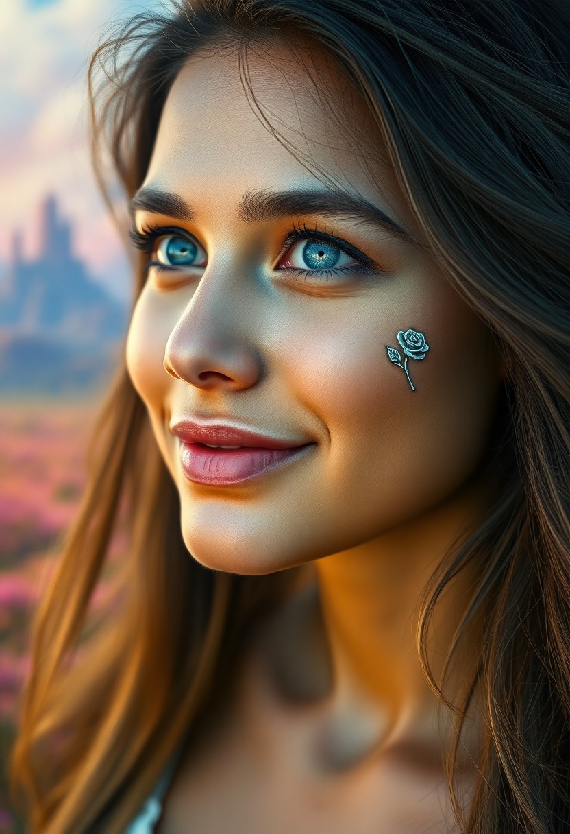 AI generated art for prompt: A close-up portrait showcases a young Latin American woman with misty blue eyes and a delicate silve