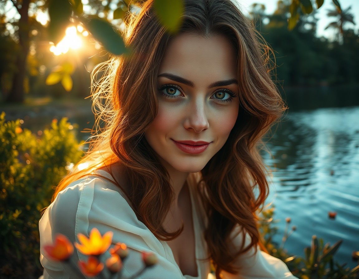 AI generated art for prompt: A captivating 35-year-old Western European woman with chestnut hair flowing in gentle waves frames h