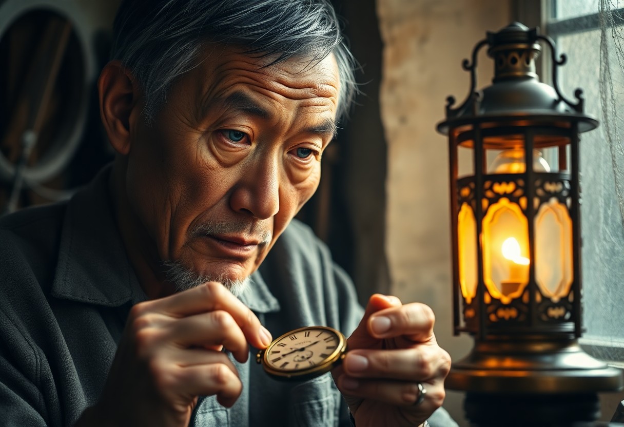 AI generated art for prompt: Mesmerizing portrait of an elderly East Asian clockmaker, his hands, intricate and skilled, examinin