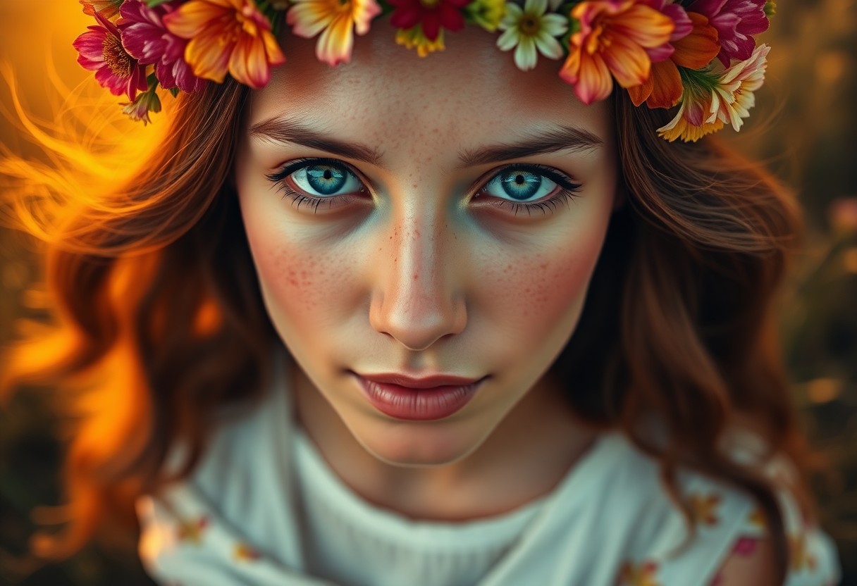 AI generated art for prompt: A highly realistic portrait depicts a young North African woman with mesmerizing blue eyes and sun-k