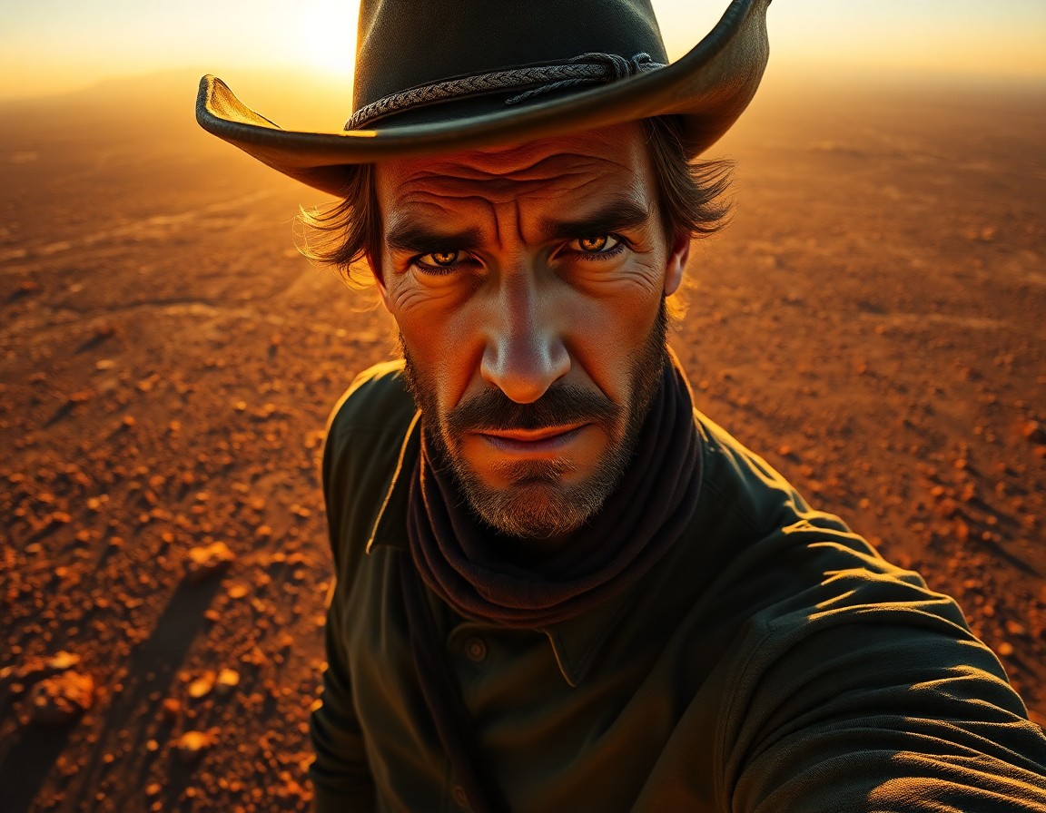 AI generated art for prompt: A photorealistic digital portrait captures a solitary cowboy amidst a vast desert landscape, showcas