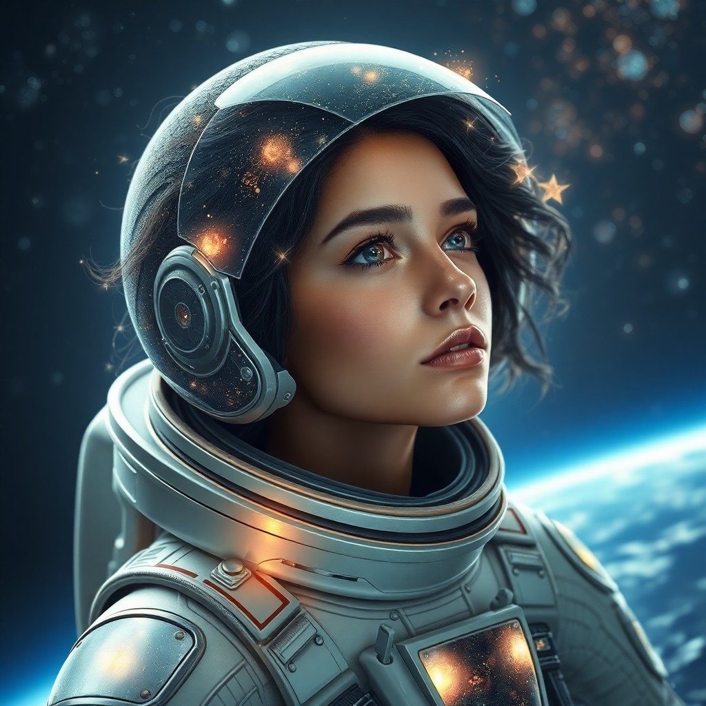 AI generated art for prompt: Envision a hyper-realistic portrait of a celestial explorer adorned in an intricate exosuit with sta