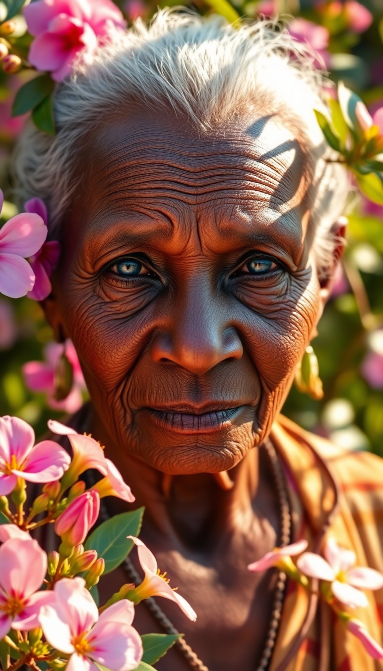 AI generated art for prompt: Craft a high-definition portrait of an elderly Sub-Saharan African woman with deep wrinkles and pier