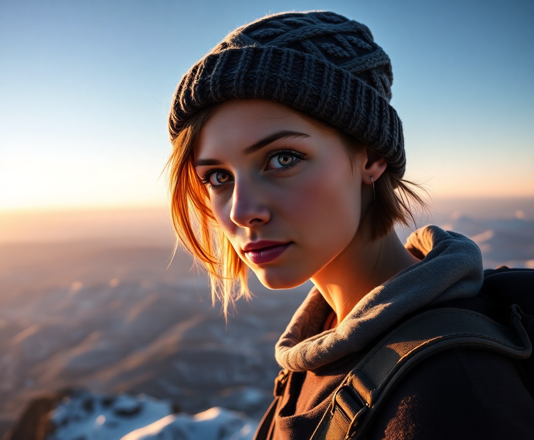 AI generated art for prompt: A young Slavic woman with mesmerizing violet eyes perches atop a majestic snow-capped mountain peak 