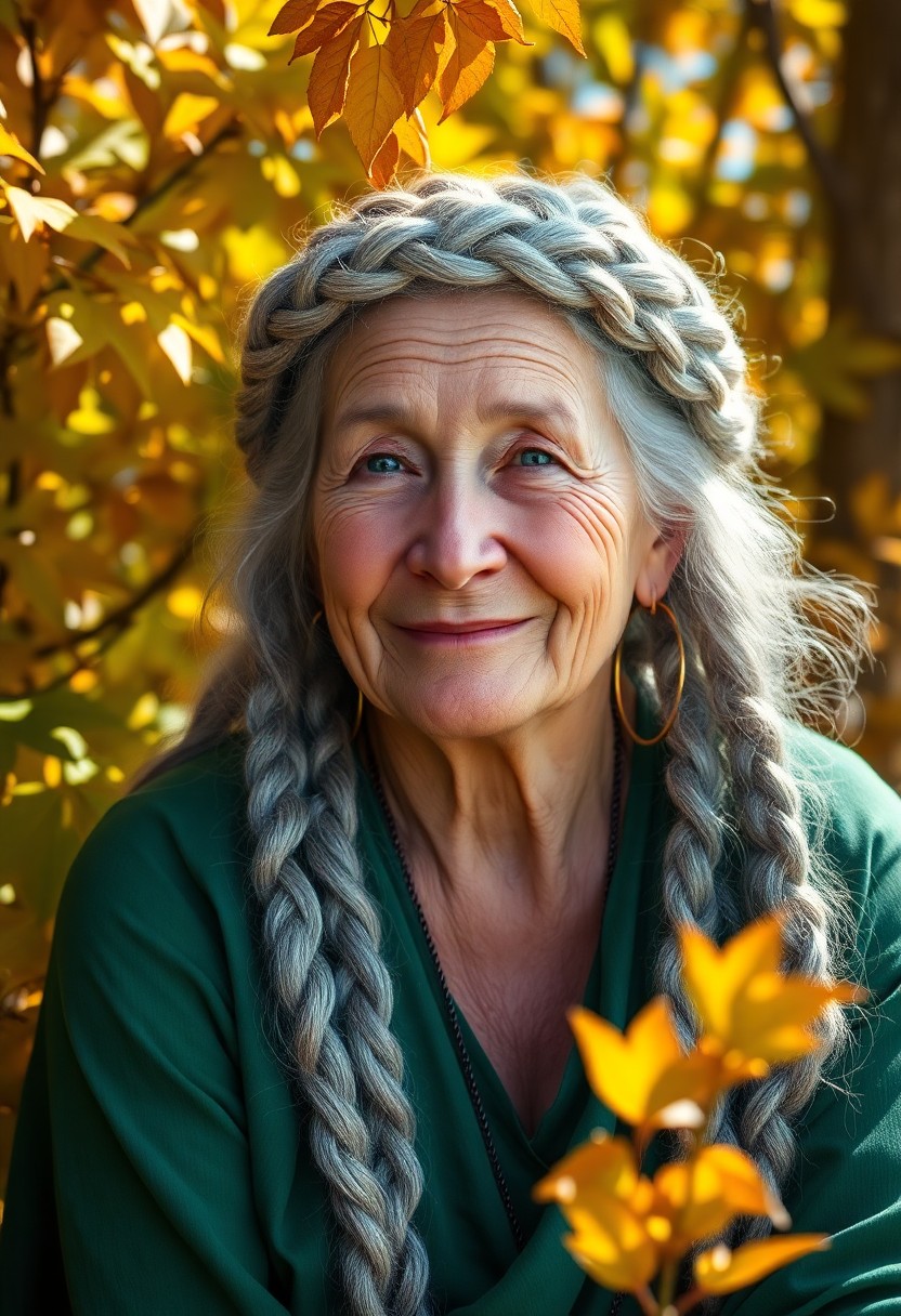 AI generated art for prompt: Craft a photorealistic digital portrait of an aged Andean woman with silver hair braided into a rega