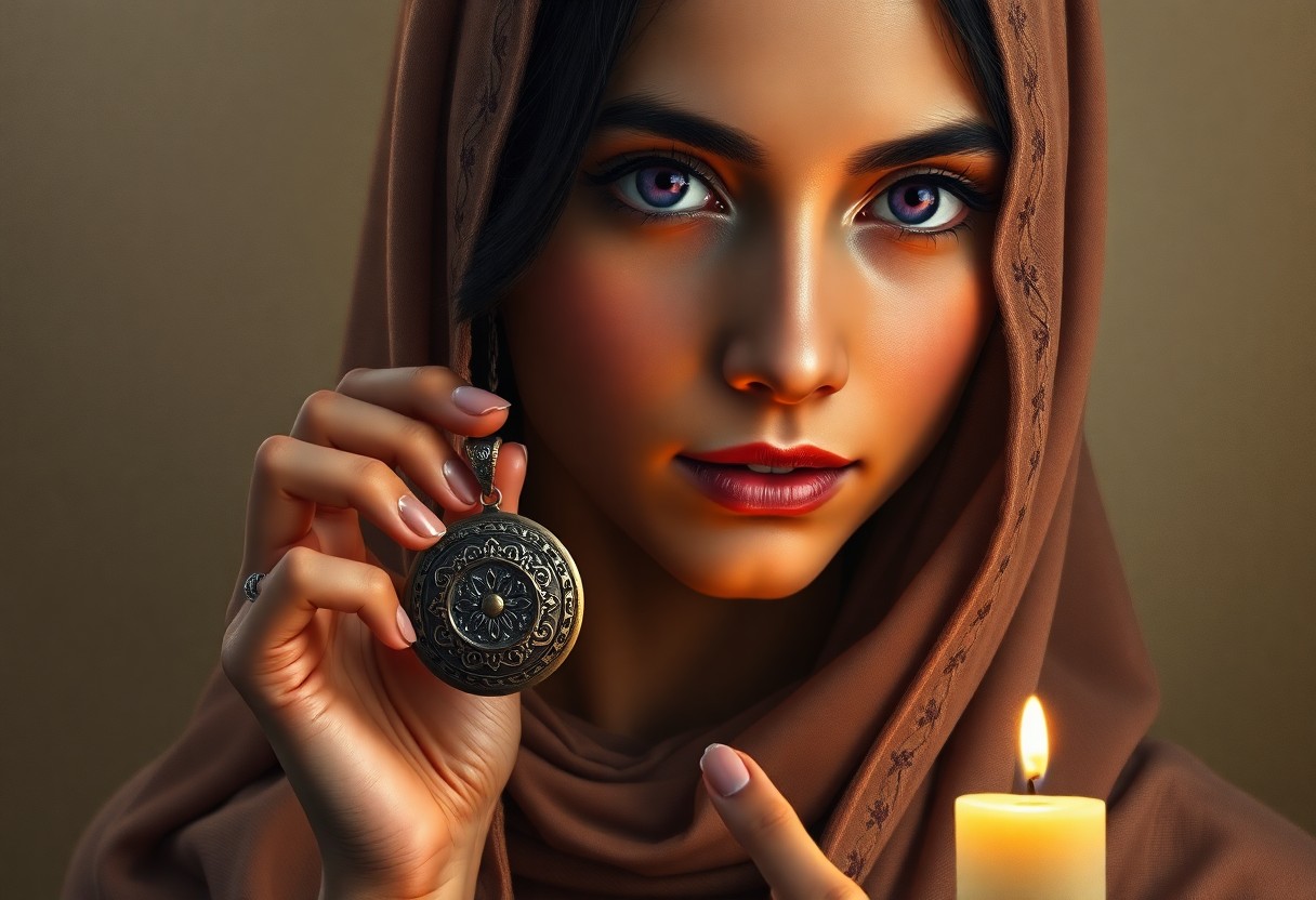 AI generated art for prompt: Craft a photorealistic oil painting portrait of a young North African woman with captivating violet 