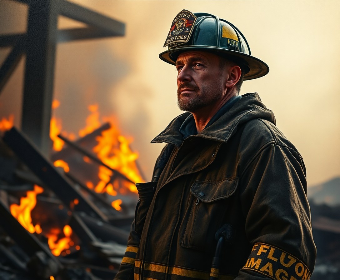 AI generated art for prompt: Craft a hyperrealistic oil painting of a seasoned firefighter standing amidst smoldering ruins. Capt